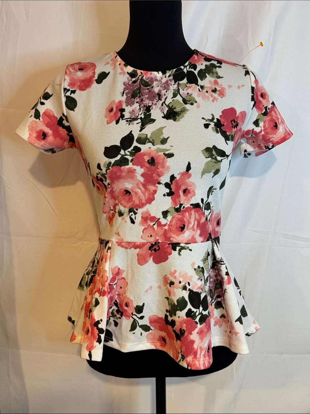 White Floral Peplum Top with Pink Roses